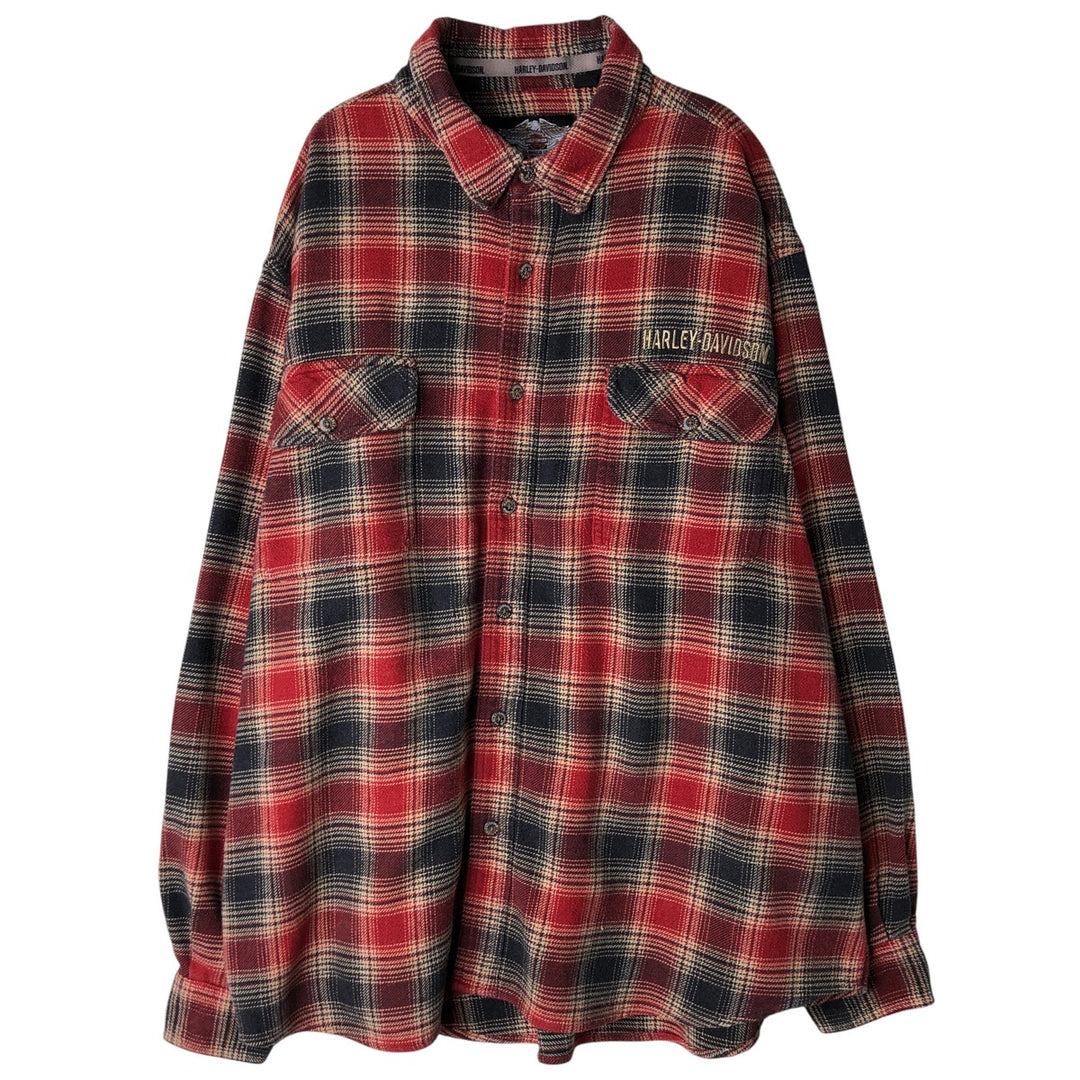 Harley-Davidson Ombre Check Hidden Button-Down Long Sleeve Light Flannel Check Shirt, Men's XXL cotton red type reddish brown Vintage Second Hand