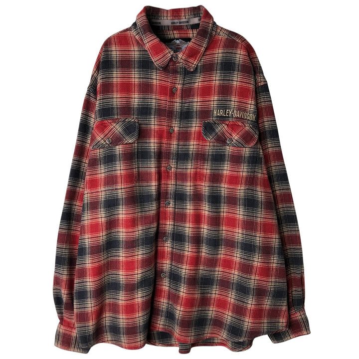 Harley-Davidson Ombre Check Hidden Button-Down Long Sleeve Light Flannel Check Shirt, Men's XXL cotton red type reddish brown Vintage Second Hand
