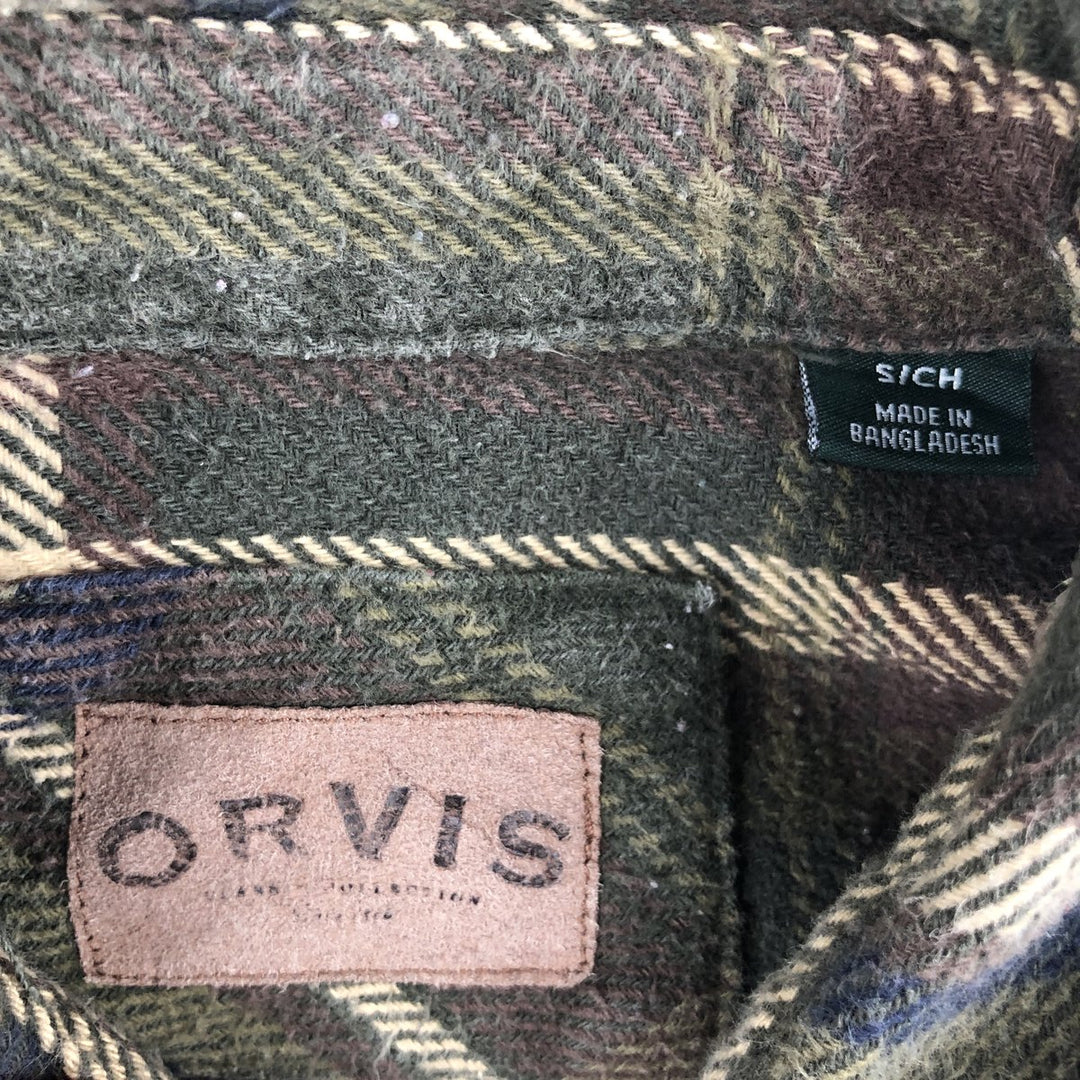 Orvis Long Sleeve Heavy Flannel Check Shirt, Men's Size Small cotton Khaki type sage green Vintage Second Hand