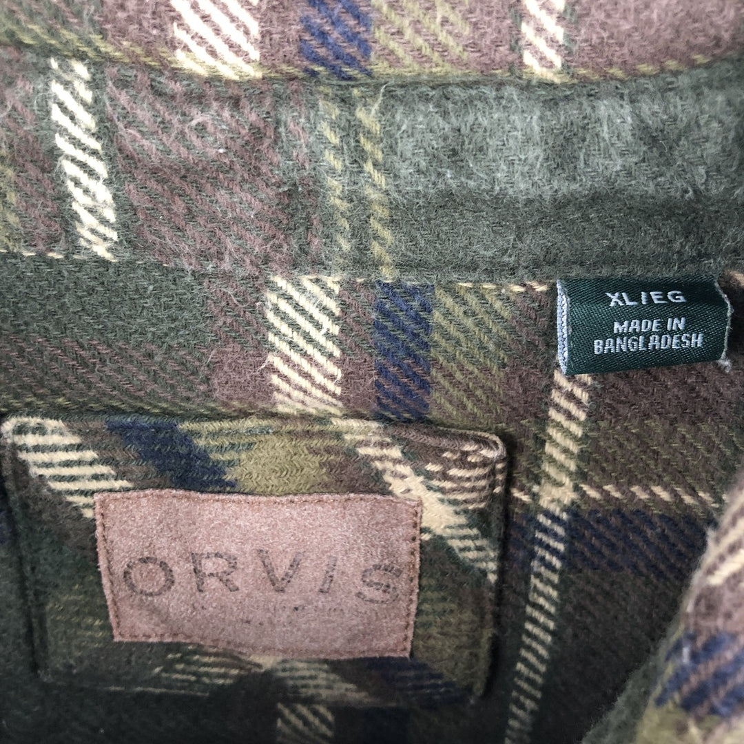ORVIS Long Sleeve Heavy Flannel Check Shirt, Men's XL cotton Khaki type sage green Vintage Second Hand