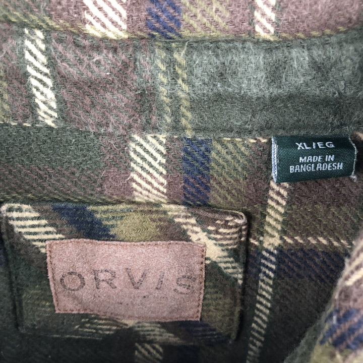 ORVIS Long Sleeve Heavy Flannel Check Shirt, Men's XL cotton Khaki type sage green Vintage Second Hand