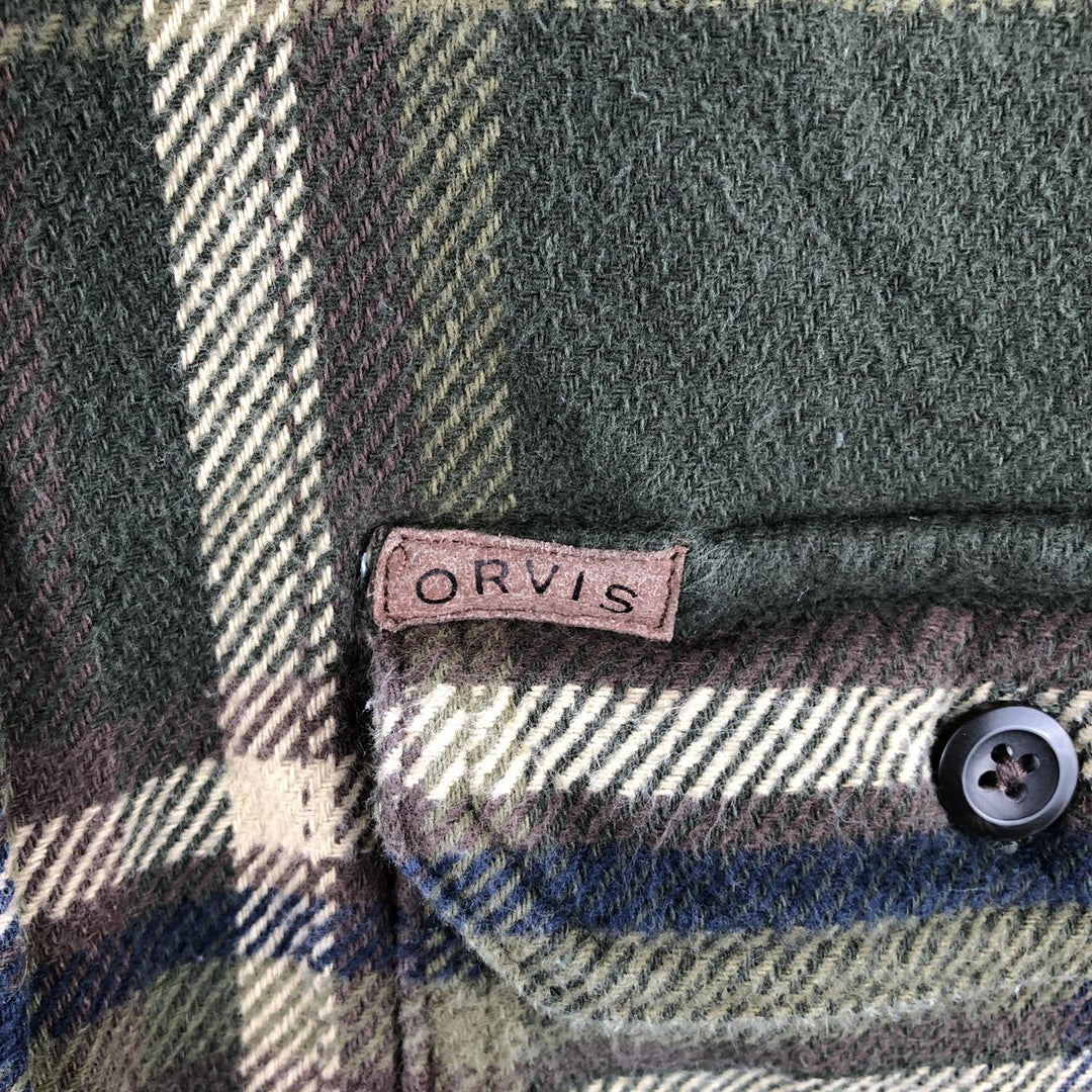 ORVIS Long Sleeve Heavy Flannel Check Shirt, Men's XL cotton Khaki type sage green Vintage Second Hand