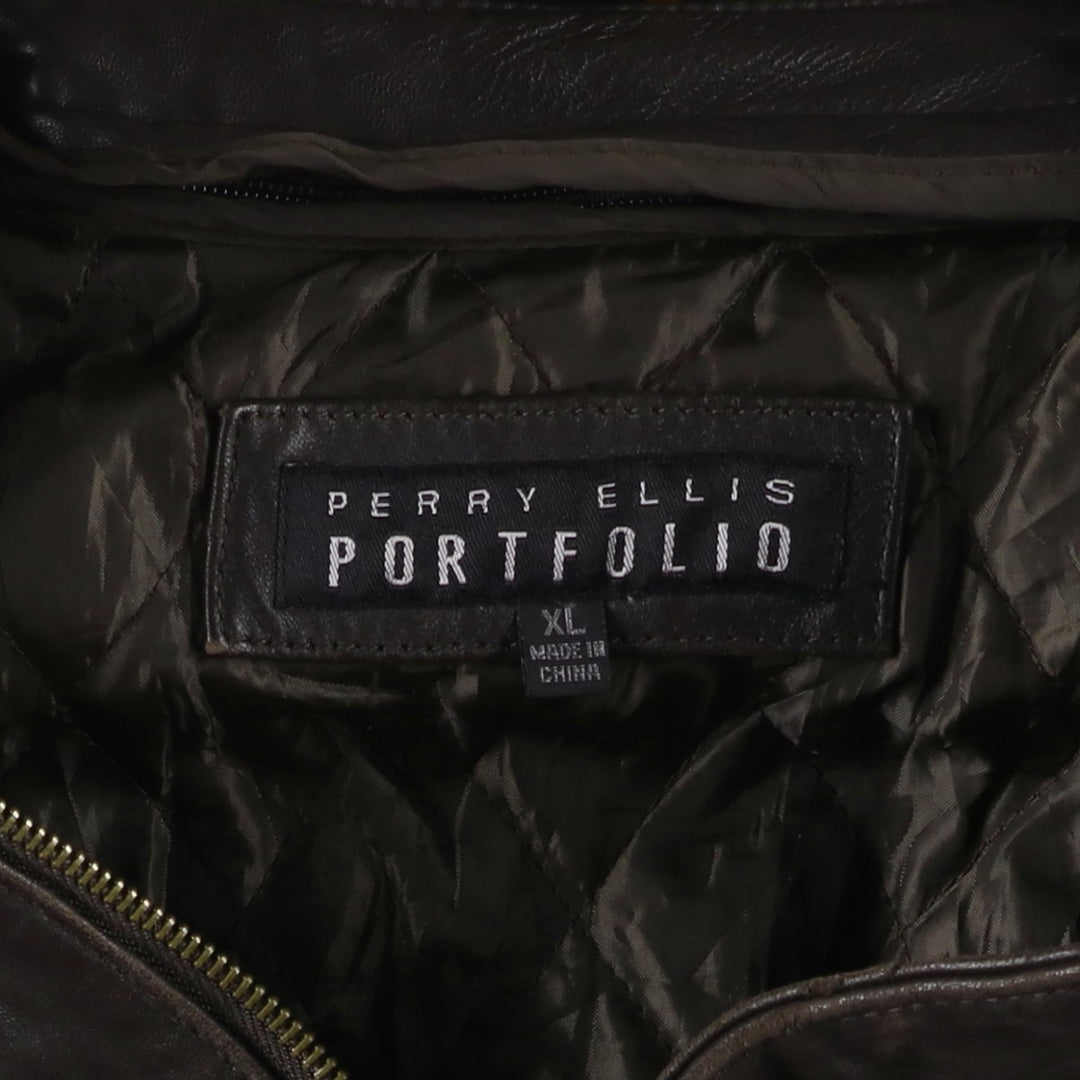 90'S Perry Ellis PORTFOLIO padded leather jacket, men's size XL, vintage genuine leather brown type Vintage Second Hand