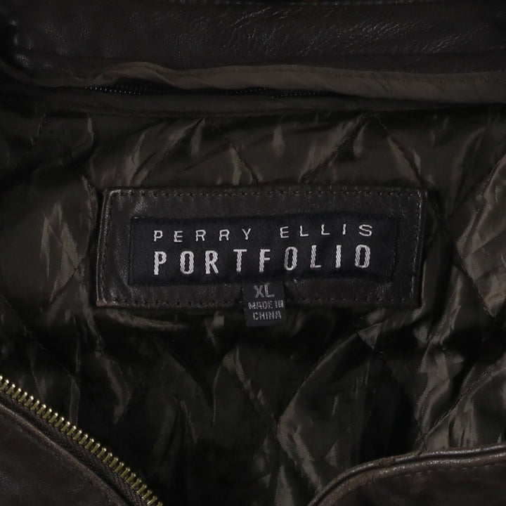 90'S Perry Ellis PORTFOLIO padded leather jacket, men's size XL, vintage genuine leather brown type Vintage Second Hand