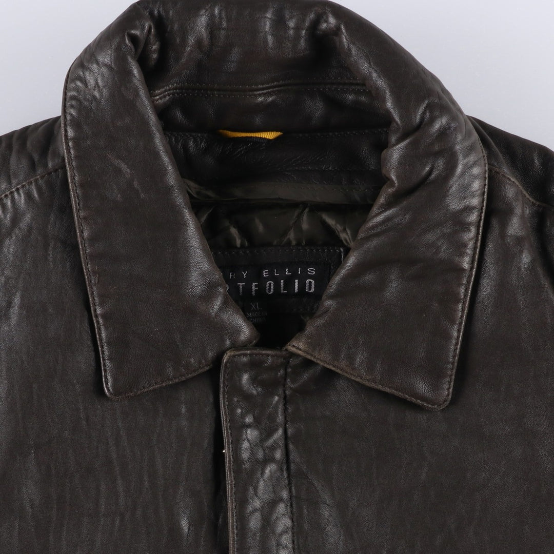 90'S Perry Ellis PORTFOLIO padded leather jacket, men's size XL, vintage genuine leather brown type Vintage Second Hand