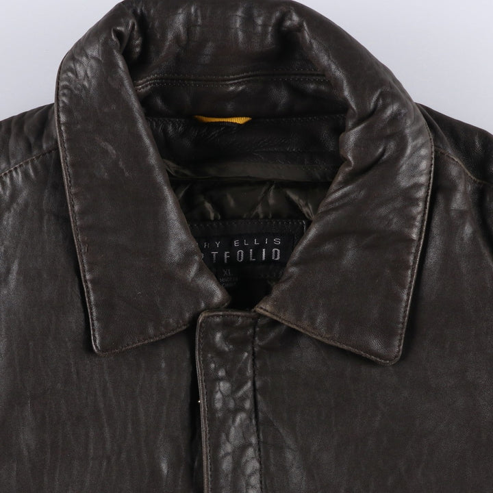 90'S Perry Ellis PORTFOLIO padded leather jacket, men's size XL, vintage genuine leather brown type Vintage Second Hand