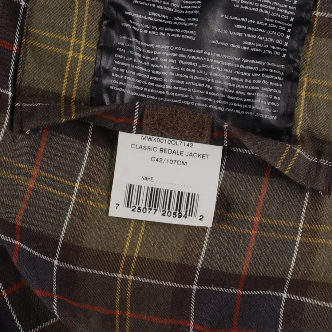 Barbour Classic Bedale 3-Warrant Waxed Cotton Oiled Jacket, Made in England, Size C42 (Men's L equivalent) Waxed cotton Khaki type Vintage Second Hand