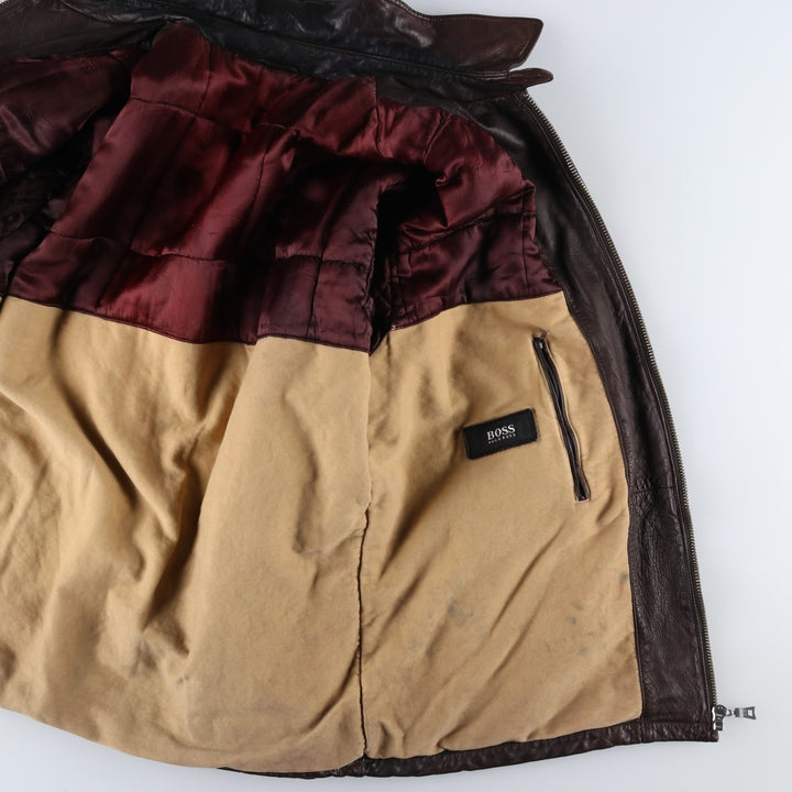 Hugo Boss padded leather jacket, men's size XL genuine leather brown type Vintage Second Hand