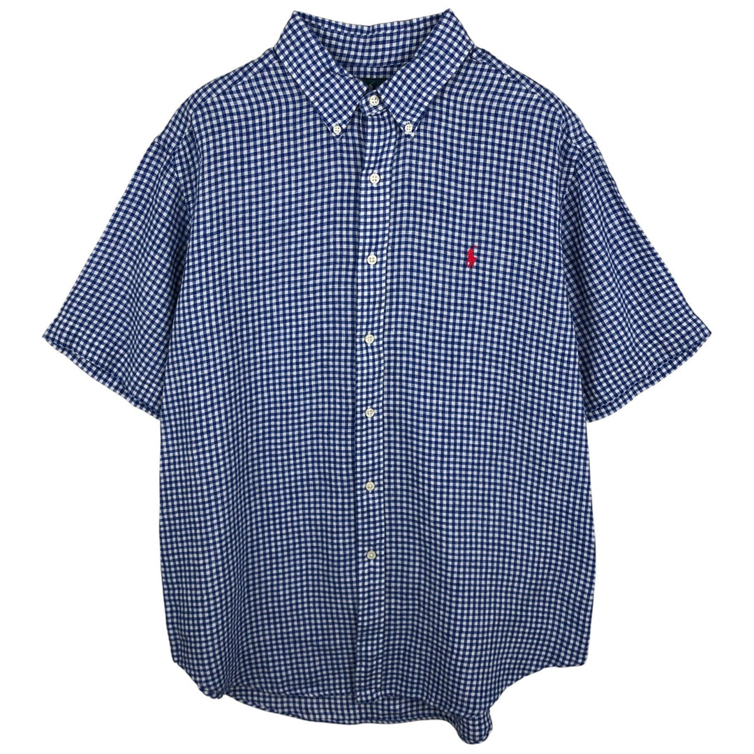 Ralph Lauren Classic Fit Gingham Check Short Sleeve Linen Button-Down Shirt, Men's Size XL linen blue type Vintage Second Hand