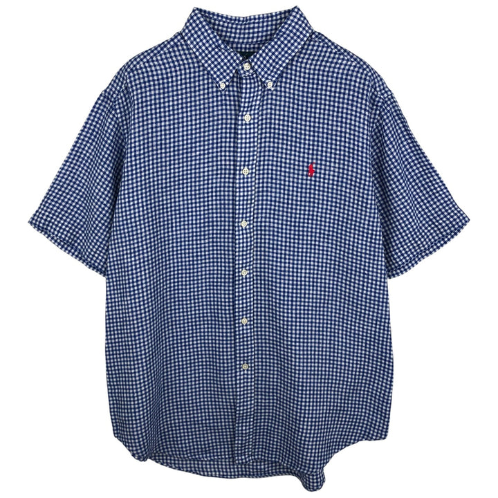 Ralph Lauren Classic Fit Gingham Check Short Sleeve Linen Button-Down Shirt, Men's Size XL linen blue type Vintage Second Hand