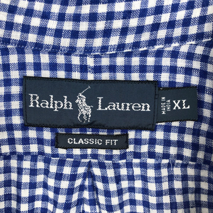 Ralph Lauren Classic Fit Gingham Check Short Sleeve Linen Button-Down Shirt, Men's Size XL linen blue type Vintage Second Hand