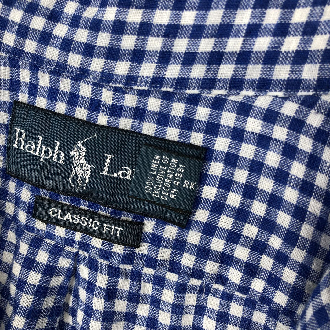 Ralph Lauren Classic Fit Gingham Check Short Sleeve Linen Button-Down Shirt, Men's Size XL linen blue type Vintage Second Hand