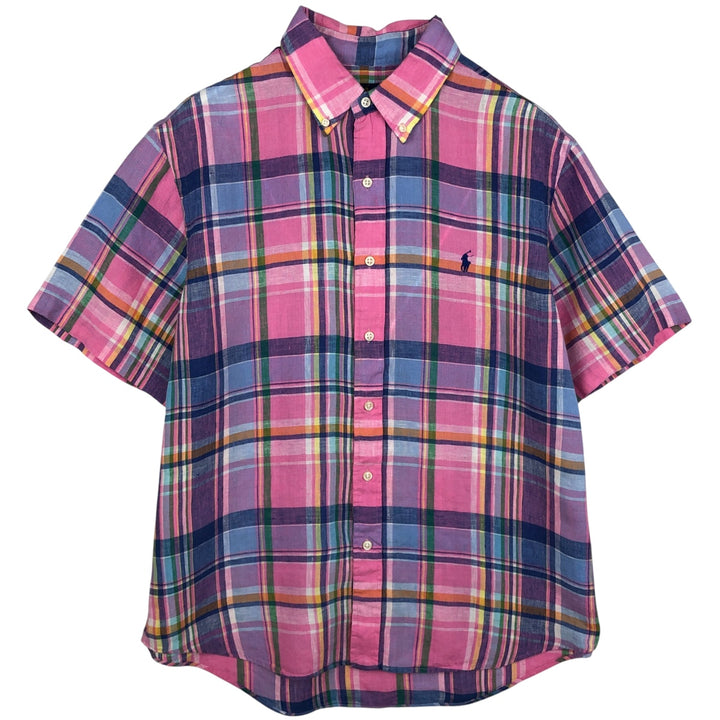 Ralph Lauren Check Pattern Short Sleeve Linen Button Down Shirt Men's Size L linen pink type Vintage Second Hand