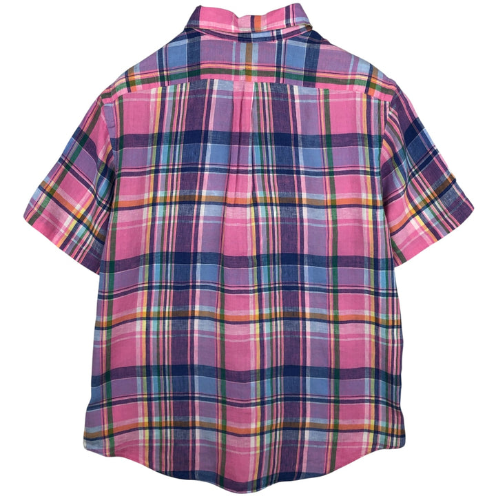 Ralph Lauren Check Pattern Short Sleeve Linen Button Down Shirt Men's Size L linen pink type Vintage Second Hand