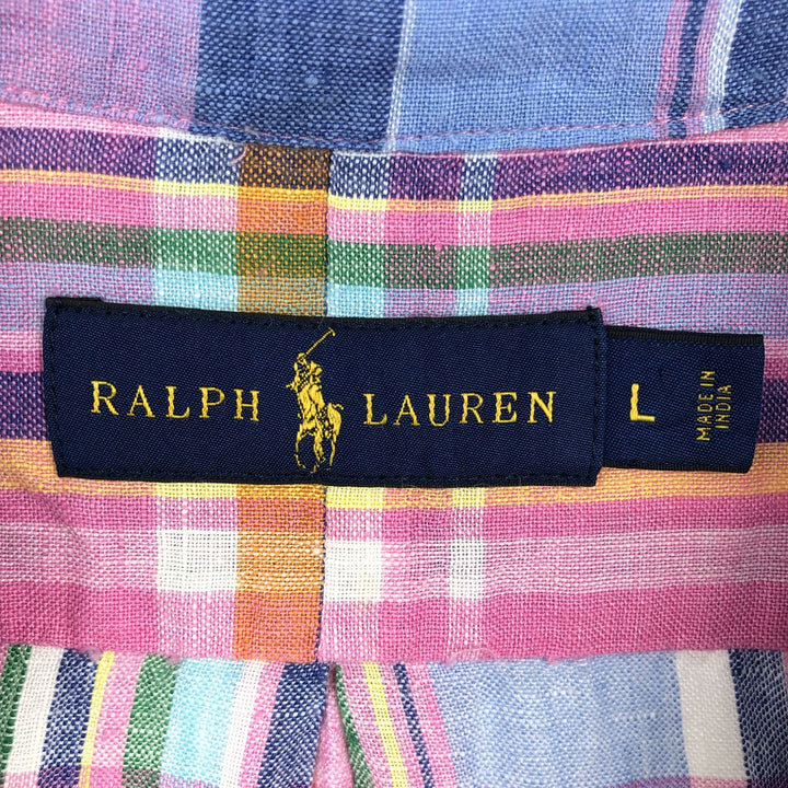 Ralph Lauren Check Pattern Short Sleeve Linen Button Down Shirt Men's Size L linen pink type Vintage Second Hand