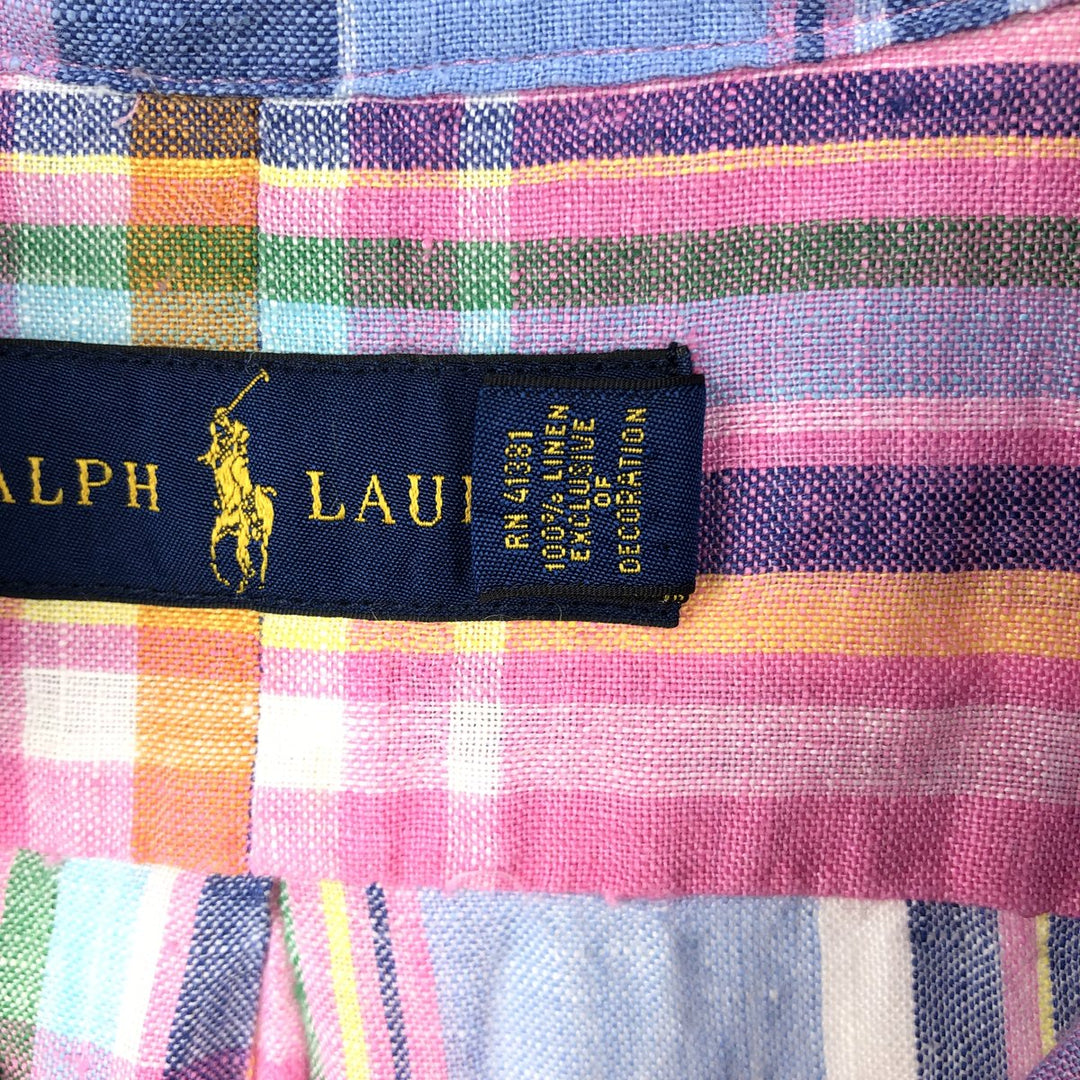Ralph Lauren Check Pattern Short Sleeve Linen Button Down Shirt Men's Size L linen pink type Vintage Second Hand