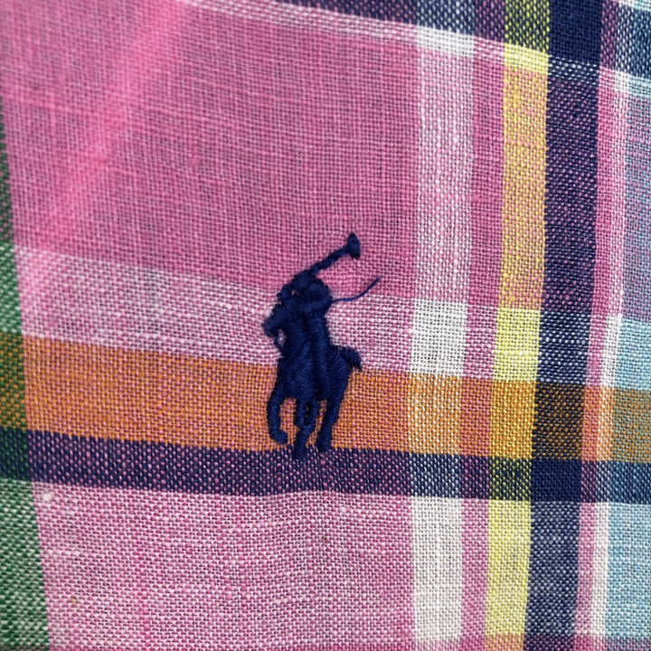 Ralph Lauren Check Pattern Short Sleeve Linen Button Down Shirt Men's Size L linen pink type Vintage Second Hand