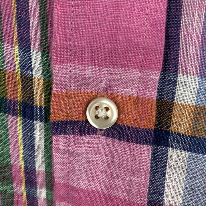 Ralph Lauren Check Pattern Short Sleeve Linen Button Down Shirt Men's Size L linen pink type Vintage Second Hand