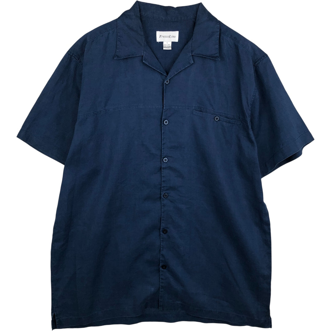 FrescoLino Short-Sleeve Open-Collar Linen Shirt, Boxy Fit, Men's Size L (approx.) linen navy blue type Vintage Second Hand