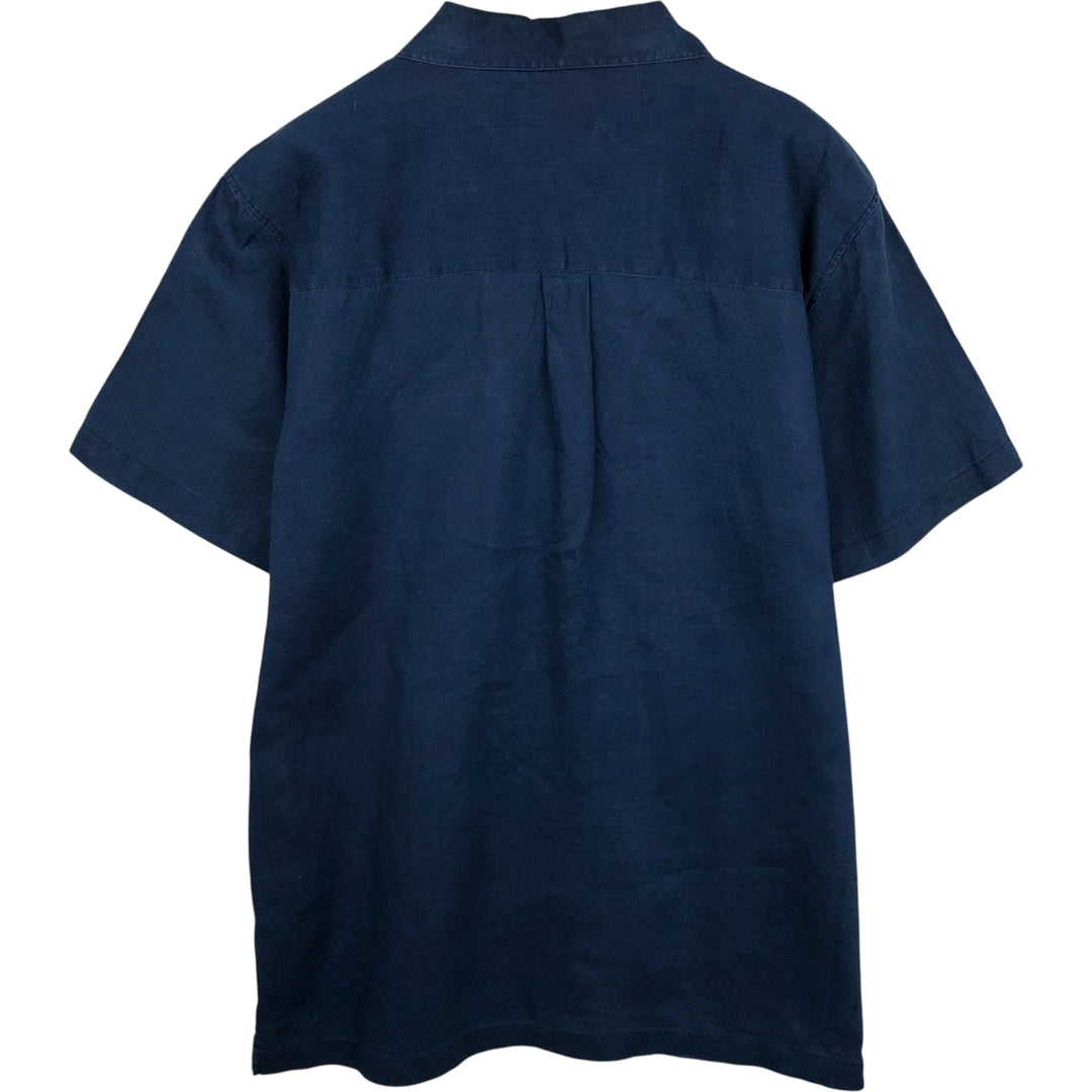 FrescoLino Short-Sleeve Open-Collar Linen Shirt, Boxy Fit, Men's Size L (approx.) linen navy blue type Vintage Second Hand