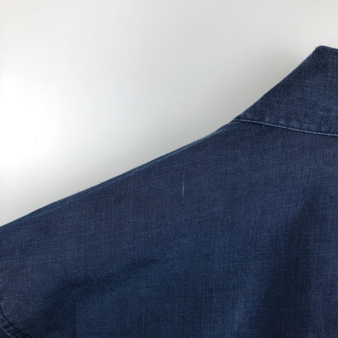 FrescoLino Short-Sleeve Open-Collar Linen Shirt, Boxy Fit, Men's Size L (approx.) linen navy blue type Vintage Second Hand