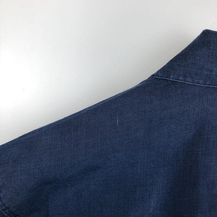 FrescoLino Short-Sleeve Open-Collar Linen Shirt, Boxy Fit, Men's Size L (approx.) linen navy blue type Vintage Second Hand