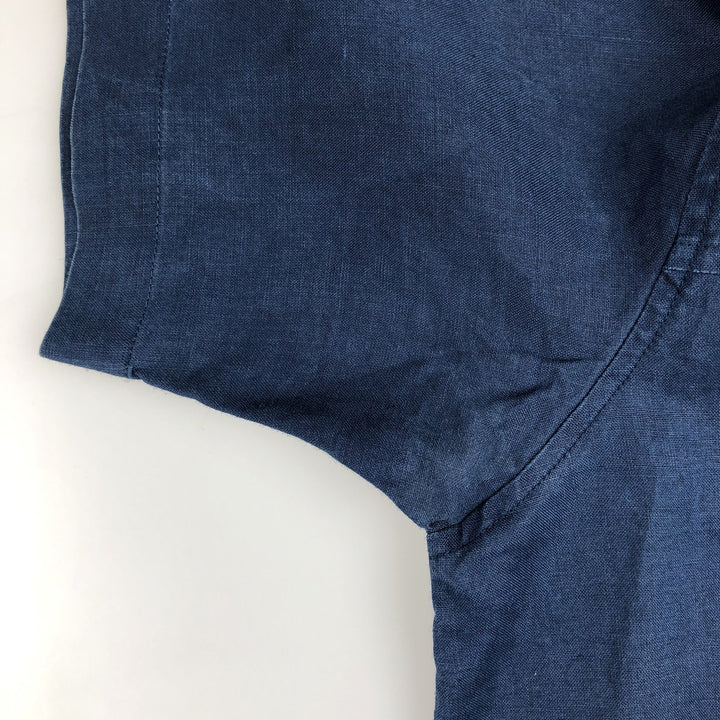 FrescoLino Short-Sleeve Open-Collar Linen Shirt, Boxy Fit, Men's Size L (approx.) linen navy blue type Vintage Second Hand