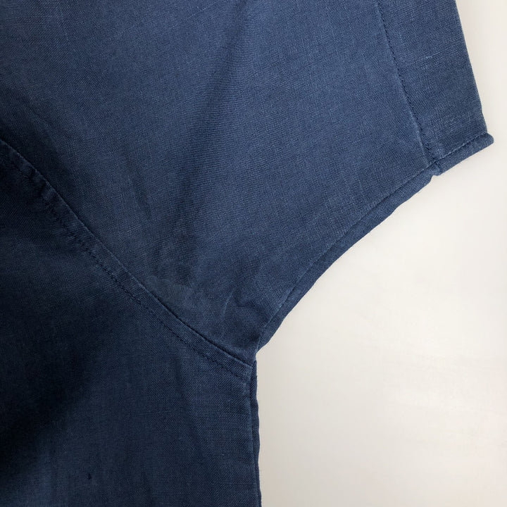 FrescoLino Short-Sleeve Open-Collar Linen Shirt, Boxy Fit, Men's Size L (approx.) linen navy blue type Vintage Second Hand