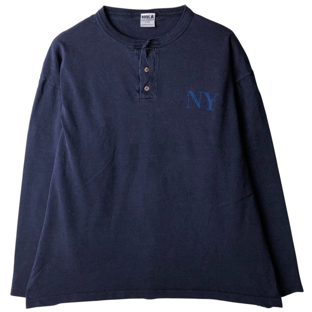 90'S HRLA Henley-neck long-sleeved T-shirt, Made in USA, Men's Size L, Vintage cotton navy blue type Vintage Second Hand