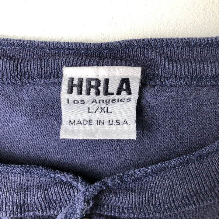 90'S HRLA Henley-neck long-sleeved T-shirt, Made in USA, Men's Size L, Vintage cotton navy blue type Vintage Second Hand