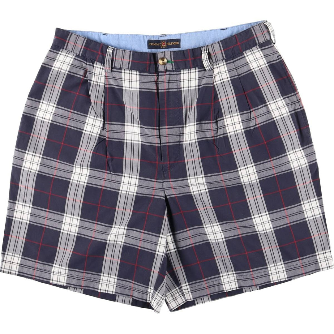 2000'S Tommy Hilfiger Golf Check Pattern Two-Pleated Cotton Shorts, Men's Size W36 cotton navy blue type Vintage Second Hand