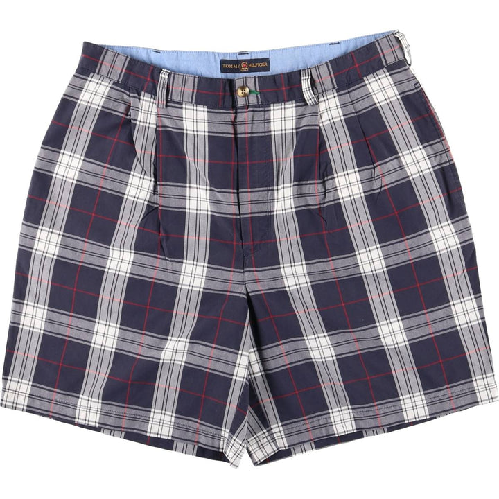 2000'S Tommy Hilfiger Golf Check Pattern Two-Pleated Cotton Shorts, Men's Size W36 cotton navy blue type Vintage Second Hand