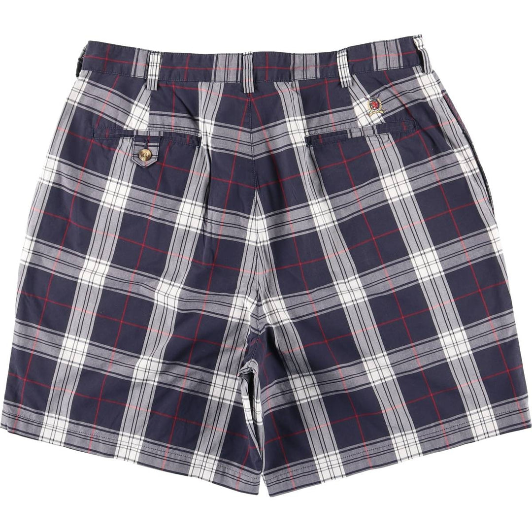 2000'S Tommy Hilfiger Golf Check Pattern Two-Pleated Cotton Shorts, Men's Size W36 cotton navy blue type Vintage Second Hand
