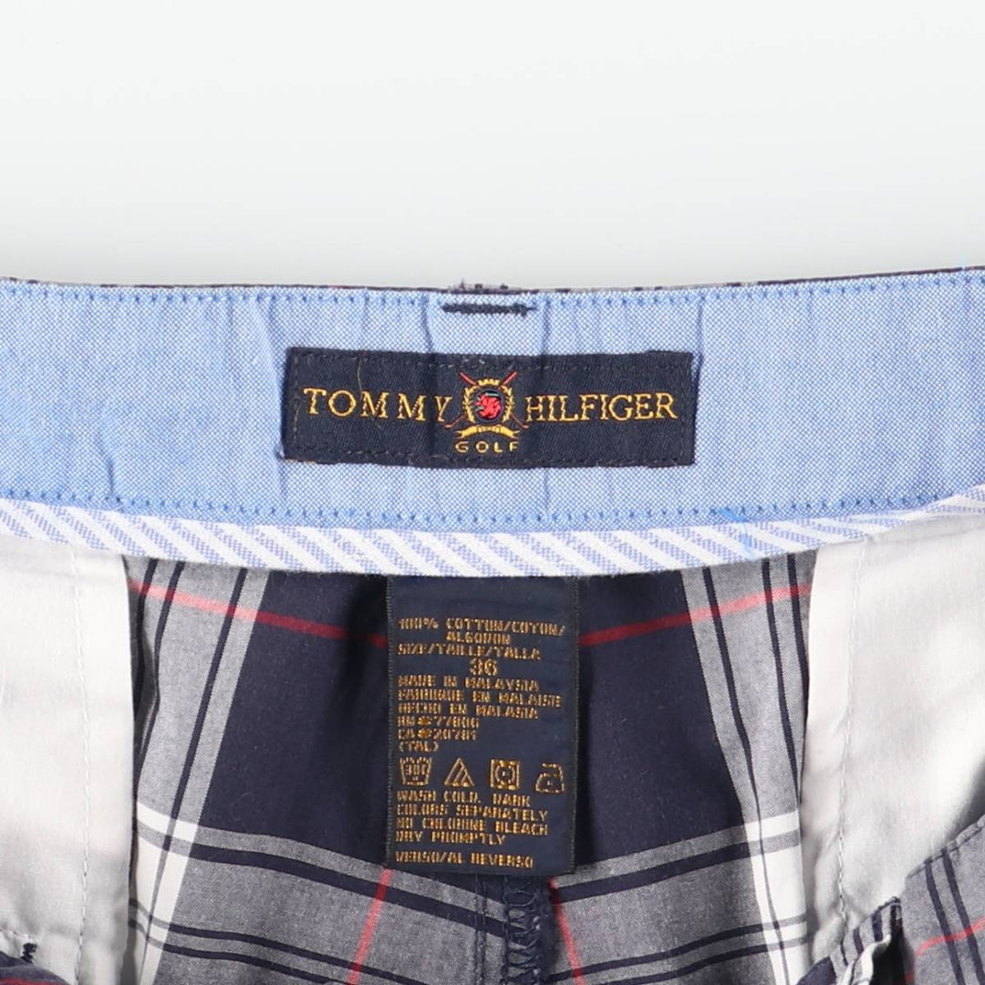 2000'S Tommy Hilfiger Golf Check Pattern Two-Pleated Cotton Shorts, Men's Size W36 cotton navy blue type Vintage Second Hand