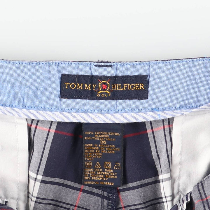 2000'S Tommy Hilfiger Golf Check Pattern Two-Pleated Cotton Shorts, Men's Size W36 cotton navy blue type Vintage Second Hand