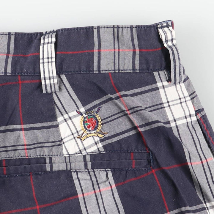 2000'S Tommy Hilfiger Golf Check Pattern Two-Pleated Cotton Shorts, Men's Size W36 cotton navy blue type Vintage Second Hand