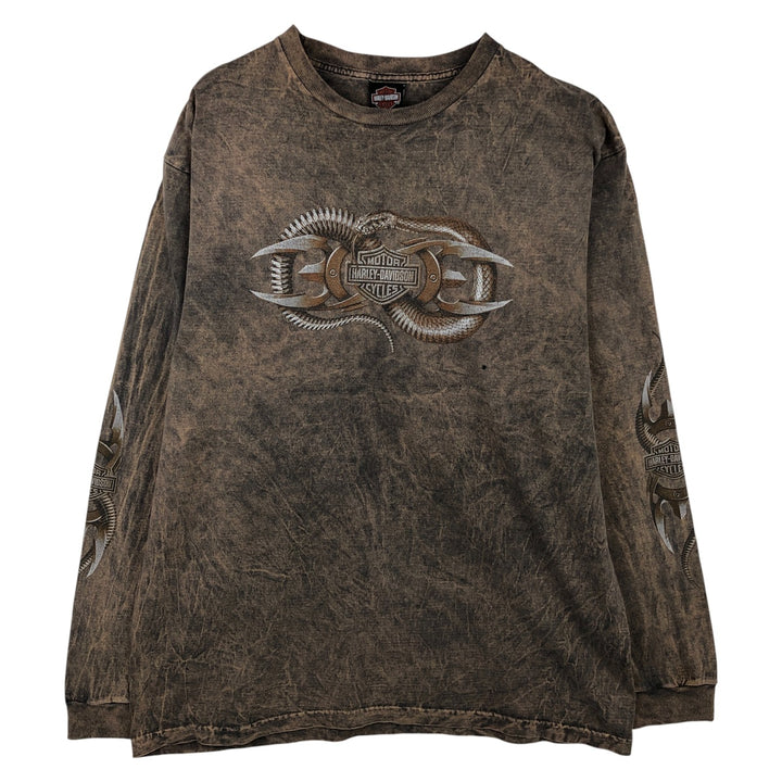 Harley-Davidson Eagle Pattern, Snake Pattern, Python Pattern Motorcycle Long Sleeve T-Shirt, Made in USA, Men's Size XL cotton beige type brown Vintage Second Hand
