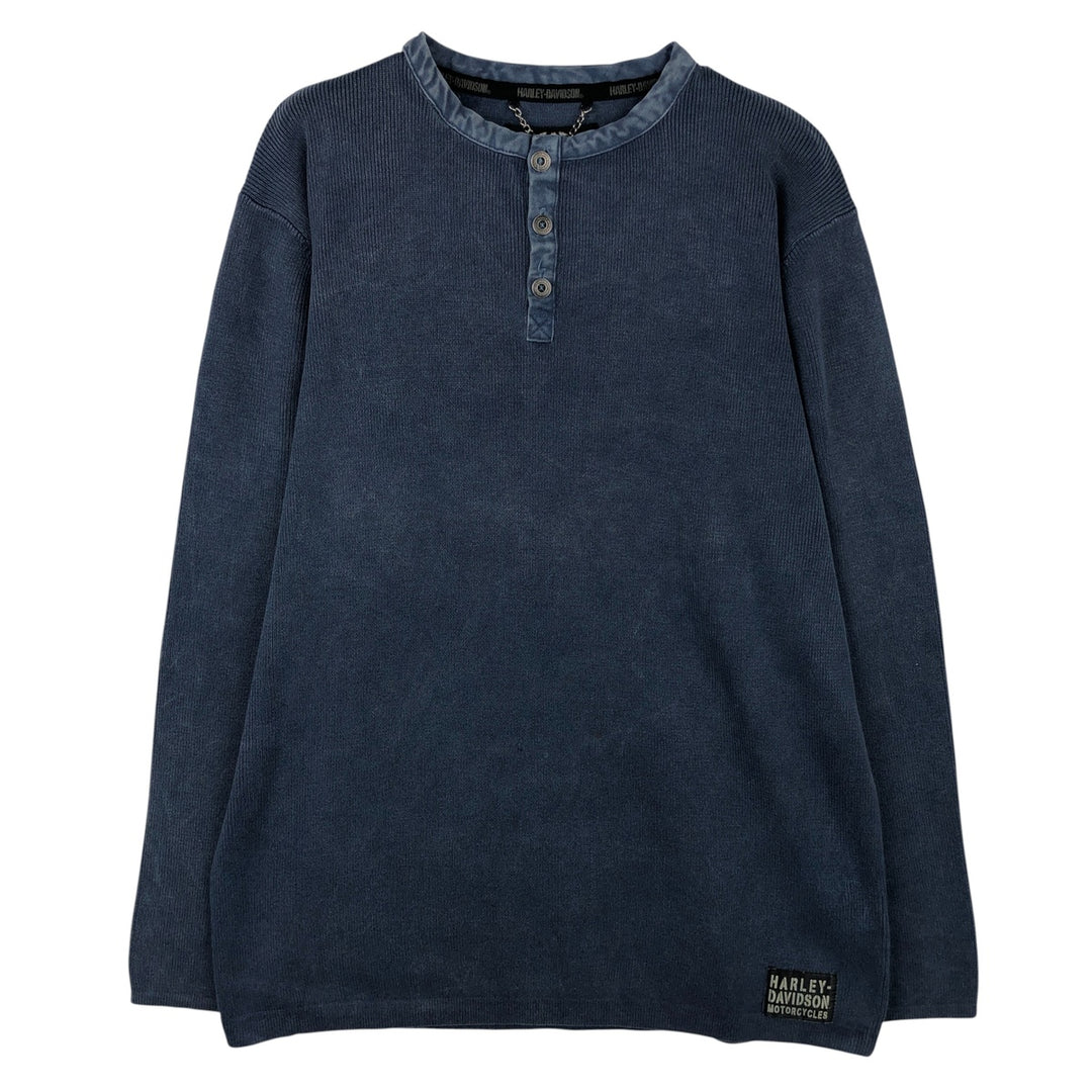 Harley-Davidson Henley-neck cotton knit sweater, men's size M cotton navy blue type Vintage Second Hand
