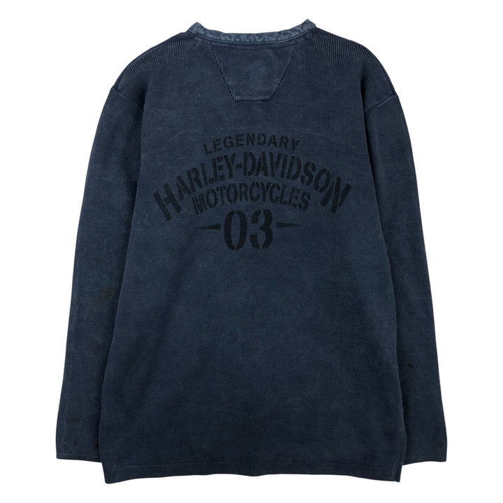 Harley-Davidson Henley-neck cotton knit sweater, men's size M cotton navy blue type Vintage Second Hand