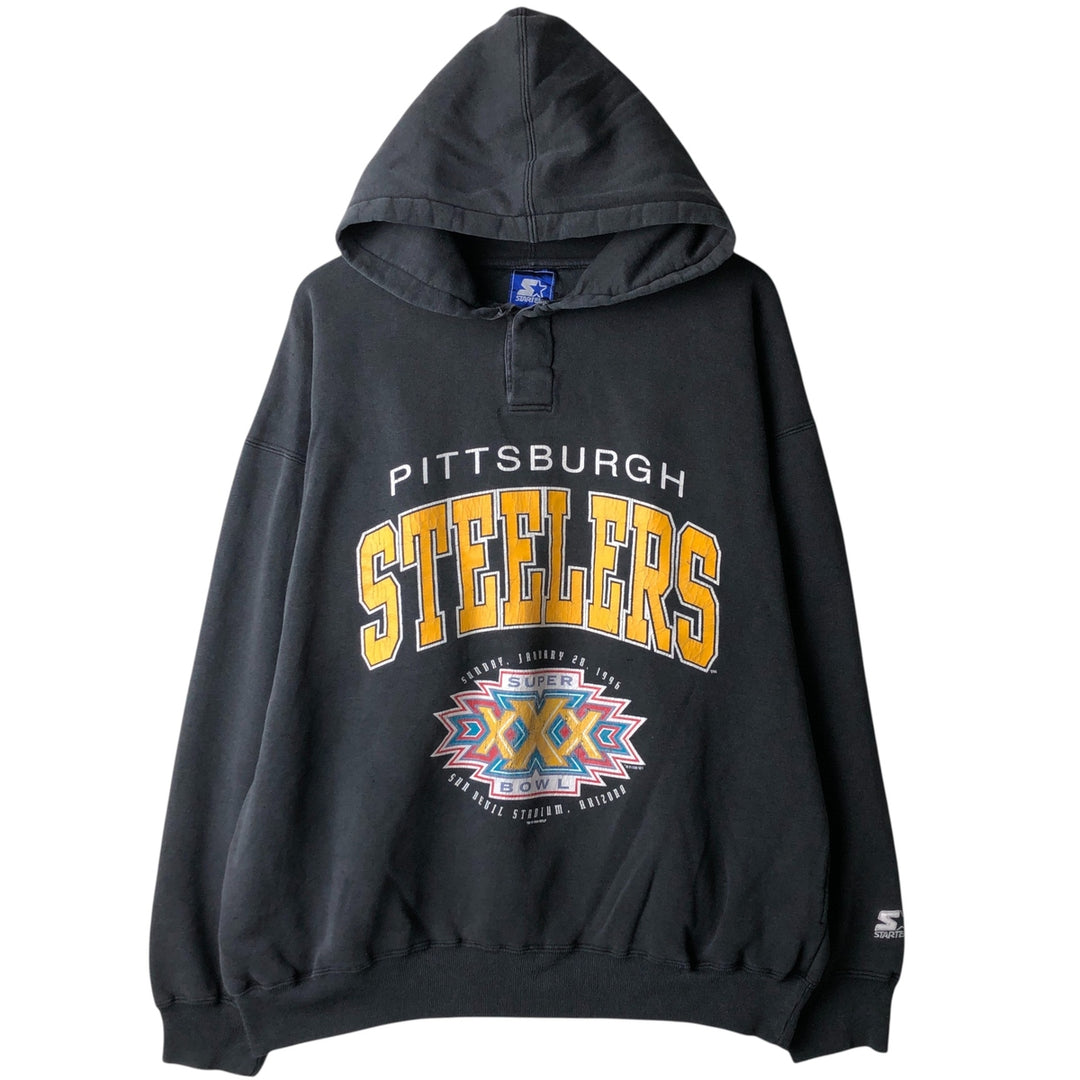 90'S Starter XXX Super Bowl NFL Pittsburgh Steelers Half-Button Hoodie, Men's Size XL cotton black type Vintage Second Hand