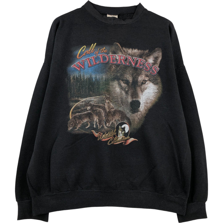Wolf Pattern Print Sweatshirt, Men's XXL unclear black type Vintage Second Hand
