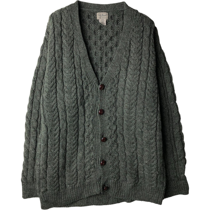 Vintage LLBean Fisherman Aran Knit Cardigan from the 1990s, Made in Ireland, Men's Size L wool Khaki type Vintage Second Hand