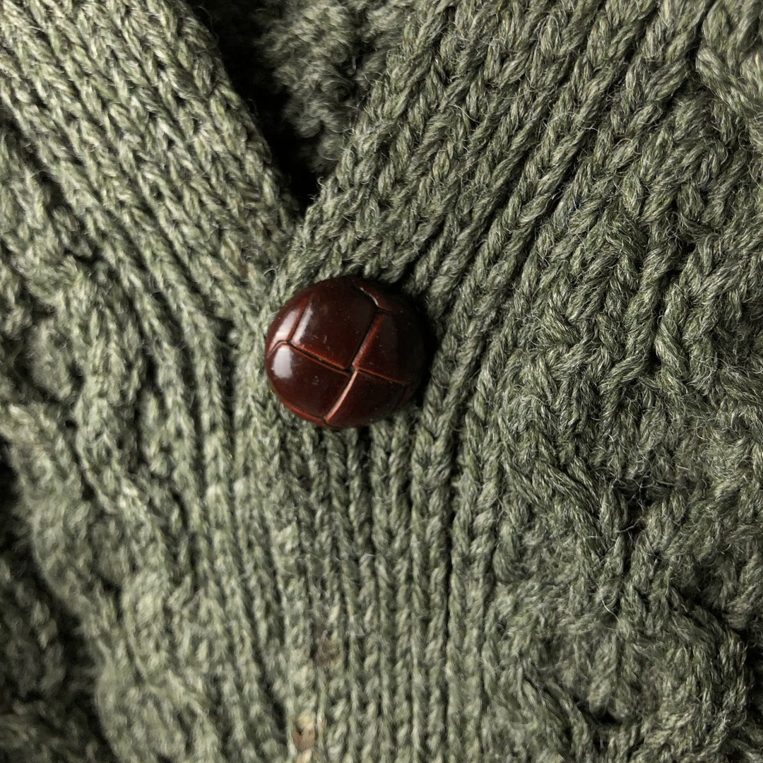 Vintage LLBean Fisherman Aran Knit Cardigan from the 1990s, Made in Ireland, Men's Size L wool Khaki type Vintage Second Hand