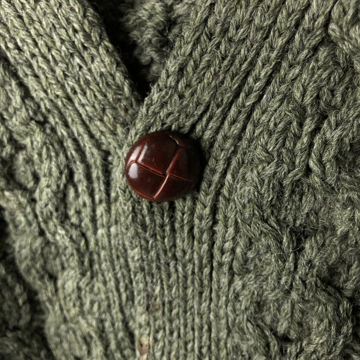 Vintage LLBean Fisherman Aran Knit Cardigan from the 1990s, Made in Ireland, Men's Size L wool Khaki type Vintage Second Hand