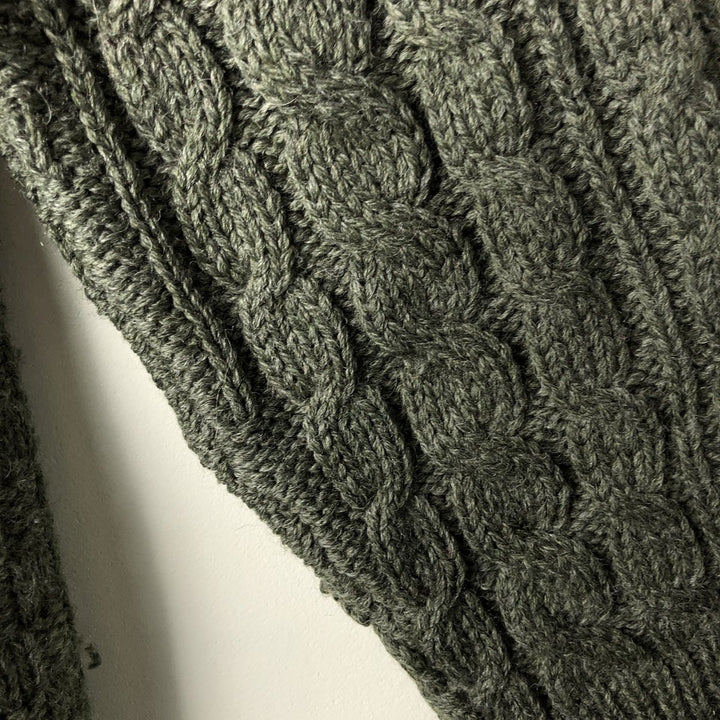 Vintage LLBean Fisherman Aran Knit Cardigan from the 1990s, Made in Ireland, Men's Size L wool Khaki type Vintage Second Hand