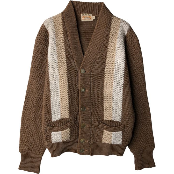 Vintage 1960'S BULKY KNIT striped wool knit cardigan, size M, men's Lamb wool beige type brown Vintage Second Hand