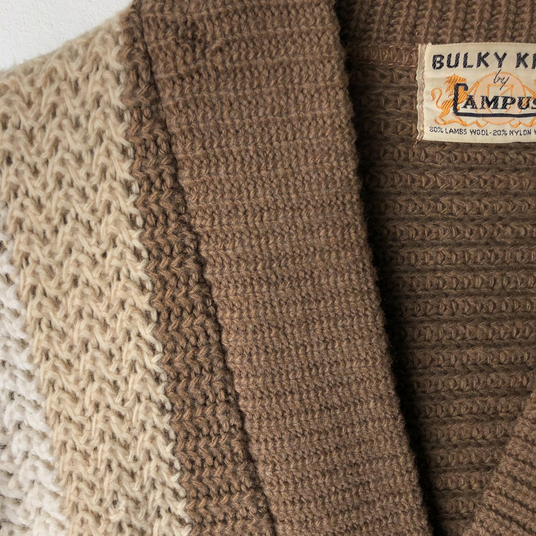 Vintage 1960'S BULKY KNIT striped wool knit cardigan, size M, men's Lamb wool beige type brown Vintage Second Hand