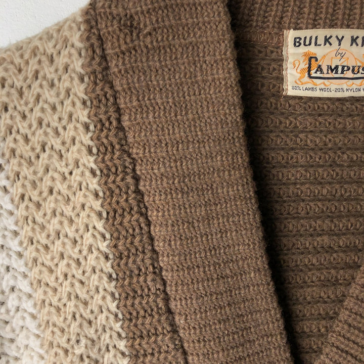 Vintage 1960'S BULKY KNIT striped wool knit cardigan, size M, men's Lamb wool beige type brown Vintage Second Hand
