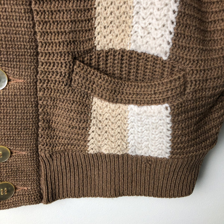 Vintage 1960'S BULKY KNIT striped wool knit cardigan, size M, men's Lamb wool beige type brown Vintage Second Hand