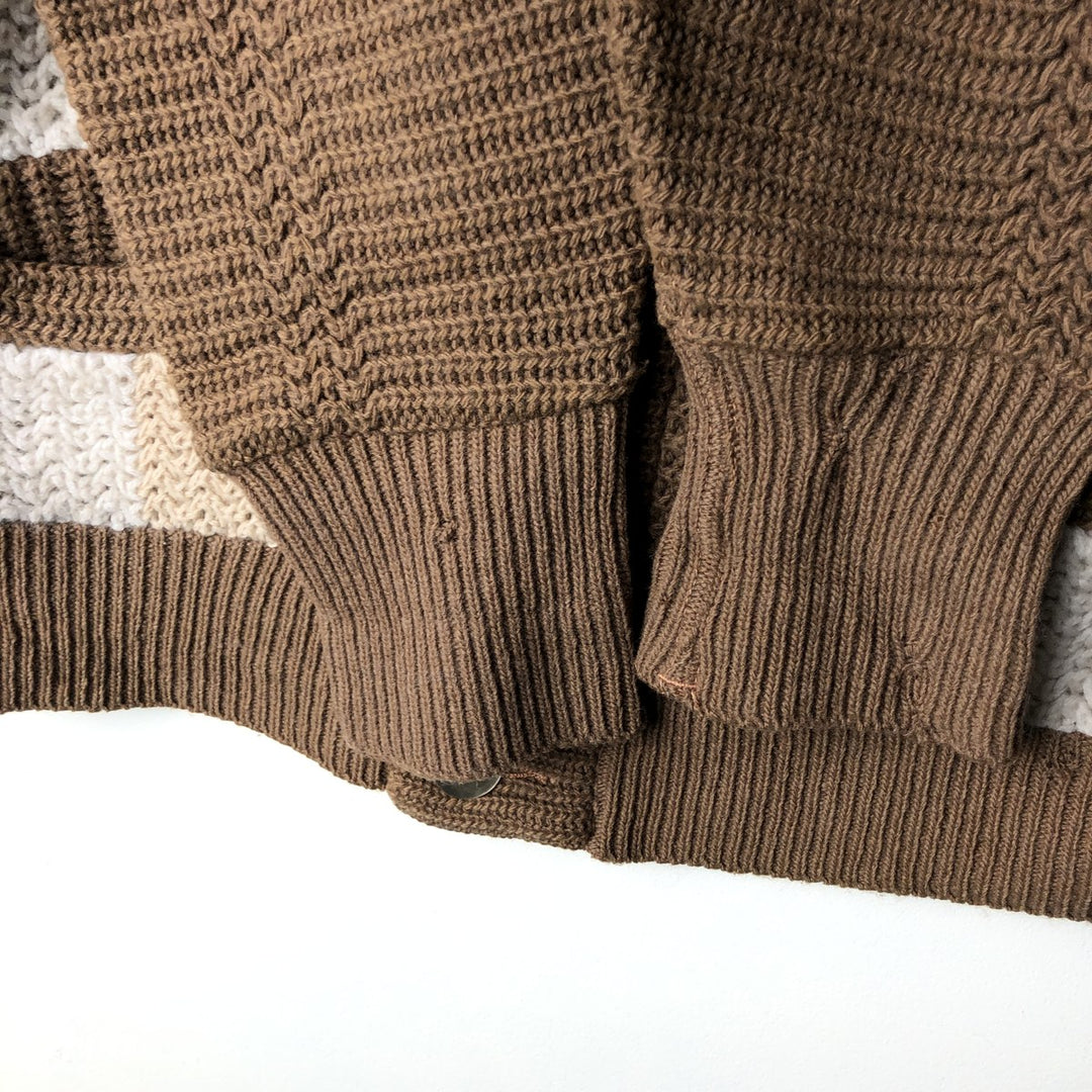 Vintage 1960'S BULKY KNIT striped wool knit cardigan, size M, men's Lamb wool beige type brown Vintage Second Hand